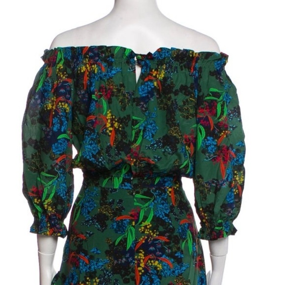 Saloni Silk Floral Print Ruffle Midi Dress Off Shoulder Size 4 Puffy 3/4 Sleeves - Picture 10 of 10